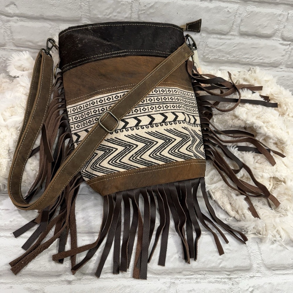 Hopofly Crossbody Purse Aztec Fringe Western Leather & Cowhide Rodeo Cowgirl Bag
